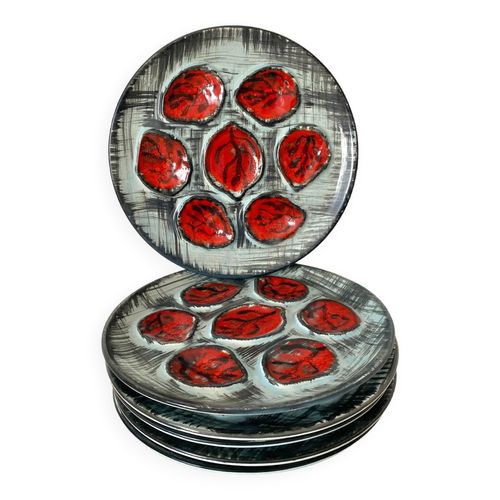 Assiettes  Huitres Barbotine Vintage Mbfa Pornic Annes 60 Rouge