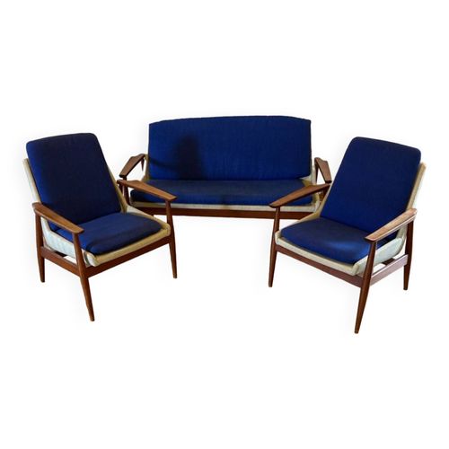 Ensemble Canap Plus 2 Fauteuils Scandinave Bleu