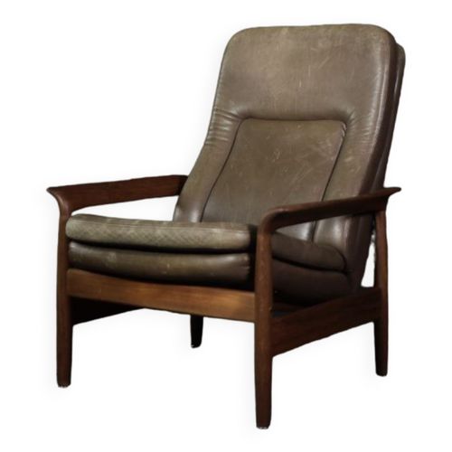 Fauteuil Haut En Teck Et Cuir Marron Avec Dossier Inclinable Style Danois Du Milieu Du Sicle Annes 1960 Marron