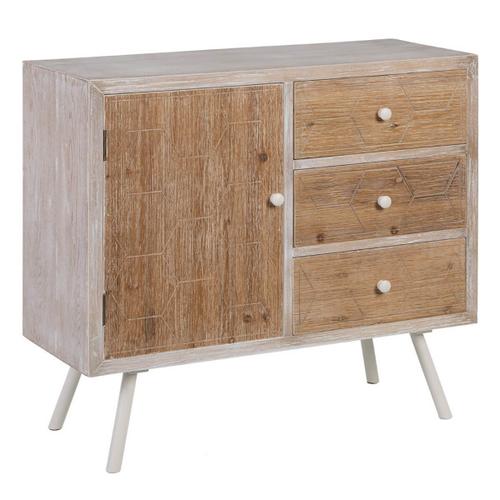 Olmann - Buffet 1 Porte 3 Tiroirs Blanc Et Naturel Aspect Vieilli