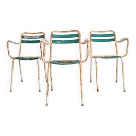 Suite De 3 Chaises Anciennes Blanches Et Vertes En Bois Et Mtal Vert