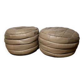 Paire De Pouf En Cuir Patchwork De Sde Gris
