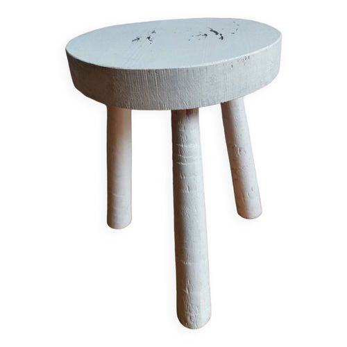 Tabouret Rustique Tripode Bois Massif Vintage Peint Blanc