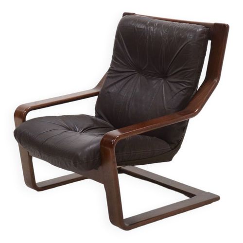 Fauteuil Lounge Scandinave En Bois Courb Et Cuir 1960 Marron