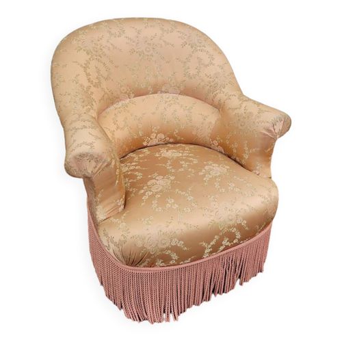 Fauteuil Crapaud Fleuri  Franges Ancien  1930s Dore