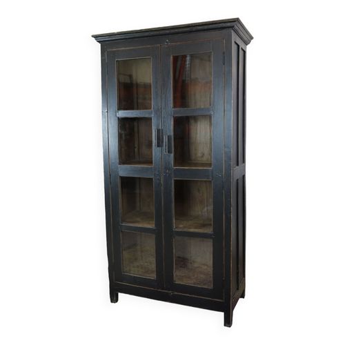 Vitrine Indienne Noire Avec 2 Portes Vitres De 8 Carreaux Et 3 Tagres Intrieurs En Bois Brut Noir