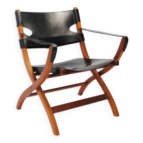 Fauteuil Poul Hundevad En Teck Et Cuir Noir Noir