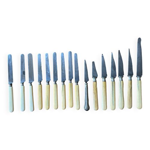 16 Couteaux Anciens Manches En Corne Beige
