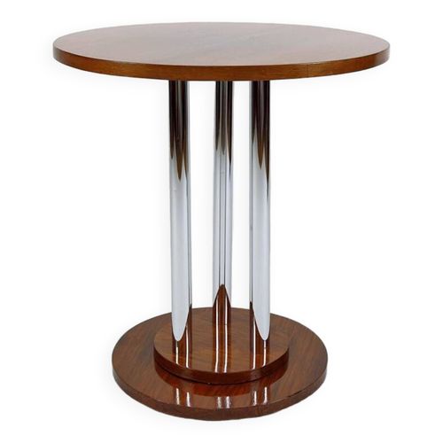 Guridon Art Deco Moderniste En Noyer Et Chrome France Circa 1930 Bois