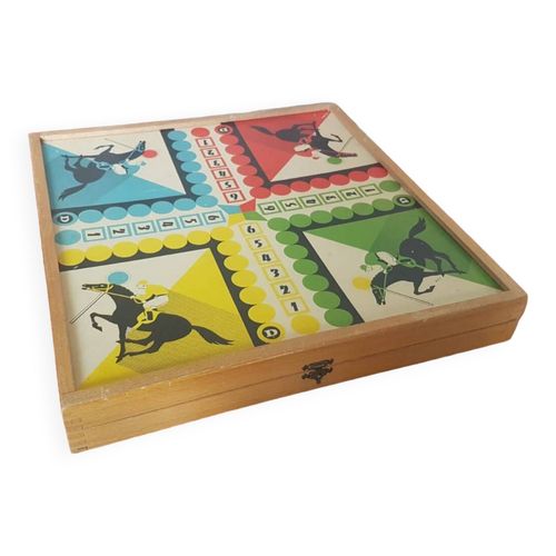 Ancien Plateau Jeu De Loie Dames Petits Chevaux Marelle En Bois Vintage A691 Multicolore