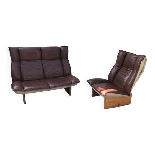 Ensemble Canap Et Fauteuil Scandinave Cuir Marron