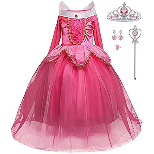 LiUiMiY Robe Princesse Fille Déguisement Costume Enfant Rose d’halloween Carnaval Cosplay Anniversaire Fête avec Baguette Magique Couronne étiquette 140 Rose,134-140 