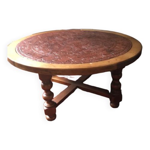 Table Ronde En Pierre Et En Bois Marron