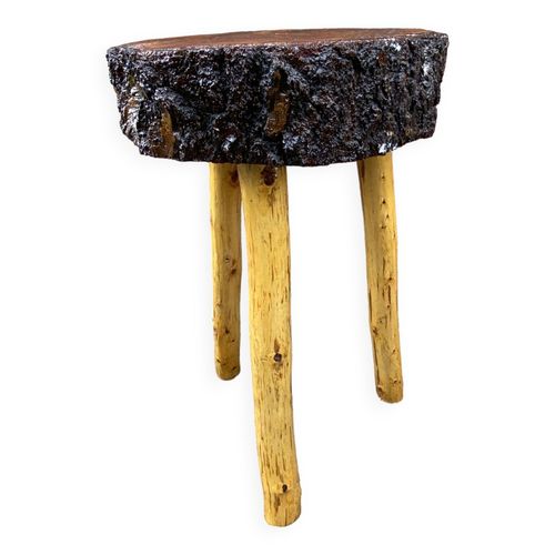 Tabouret De Ferme Rustique 1960 Brutaliste En Bois Vintage Marron
