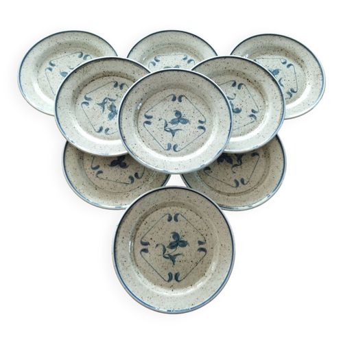 9 Assiettes  Dessert En Porcelaine De Sologne Bleu