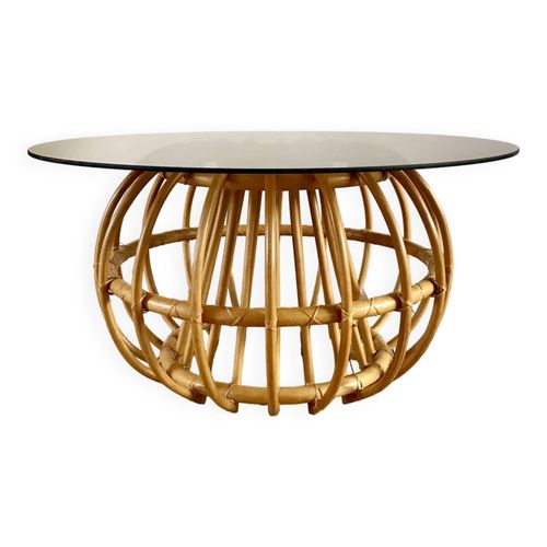 Table Basse Ronde Design En Rotin Et Verre Fum 1970 Bois