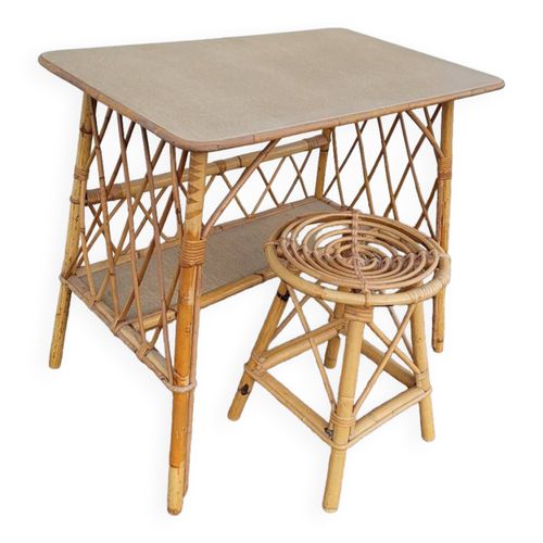 Bureau En Rotin Avec Tabouret Vintage 1950s Dore