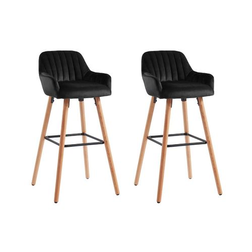 Lot De 2 Tabourets De Bar En Velours Et Pieds Bois De Hêtre - Noir - Eleana