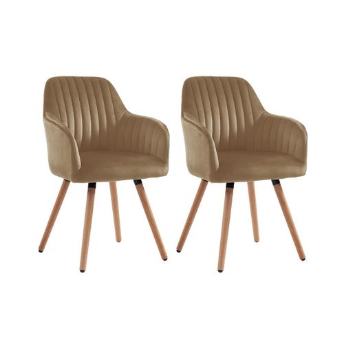 Lot De 2 Chaises Avec Accoudoirs Eleana - Velours Et Métal Effet Bois - Beige