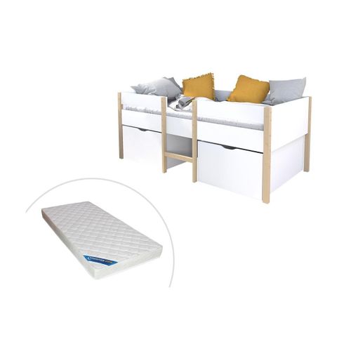 Lit Mi-Hauteur Sissy - 2 Tiroirs - 90 X 190 Cm - Blanc Et Chêne + Matelas