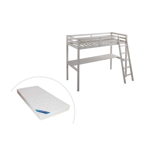 Lit Mezzanine Gedeon Ii - 90 X 190 Cm - Avec Bureau - Pin Massif - Blanchi + Matelas