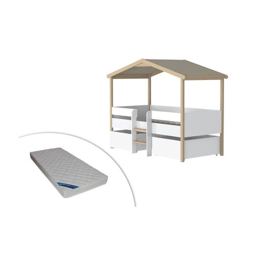 Lit Cabane Sarosi Avec Tiroirs - 90 X 190 Cm - Tilleul - Blanc Et Chêne + Matelas