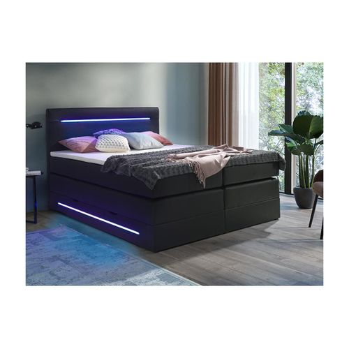 Ensemble Boxspring Complet Tête De Lit Avec Leds + Sommier Coffre + Matelas + Surmatelas - 160 X 200 Cm - Noir - Simili - Keros De Dreamea