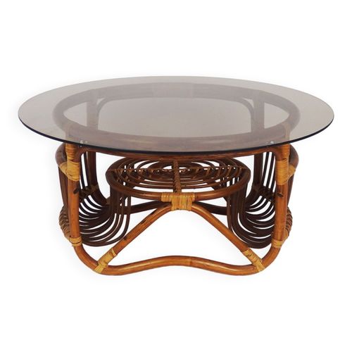 Table Basse En Rotin Et Verre Marron