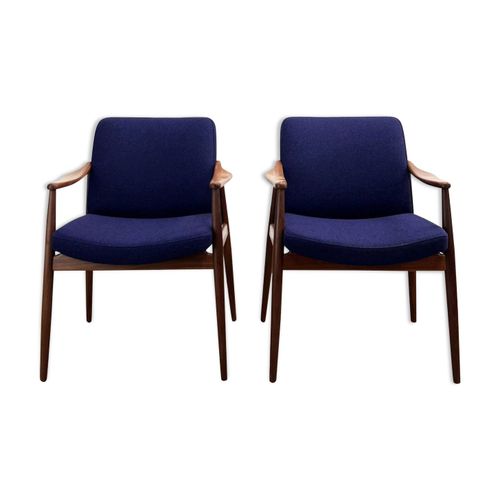 Deux Fauteuils Modernes En Teck Du Milieu Du Sicle Par Hartmut Lohmeyer Pour Wilkhahn 1950 Bleu