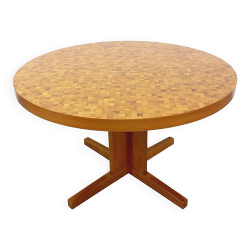 Table  Manger Ronde Vintage Des Annes 60 70 En Mosaque De Bois Massif Teck Et Noyer Avec Rallonge Bois