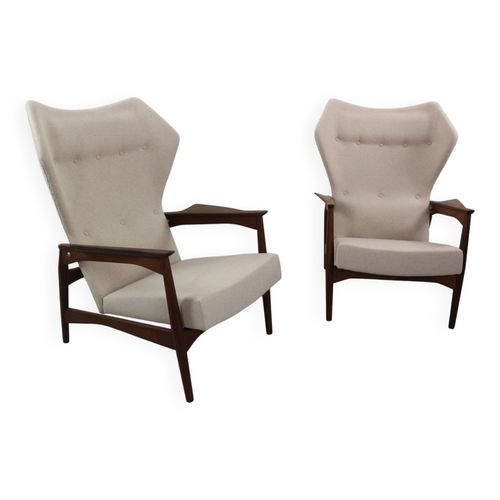 Ensemble De Deux Fauteuils Lounge Rglables  Oreilles En Teck Par Ib Kofod Larsen Danemark Beige
