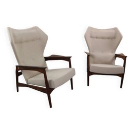 Ensemble De Deux Fauteuils Lounge Rglables  Oreilles En Teck Par Ib Kofod Larsen Danemark Beige