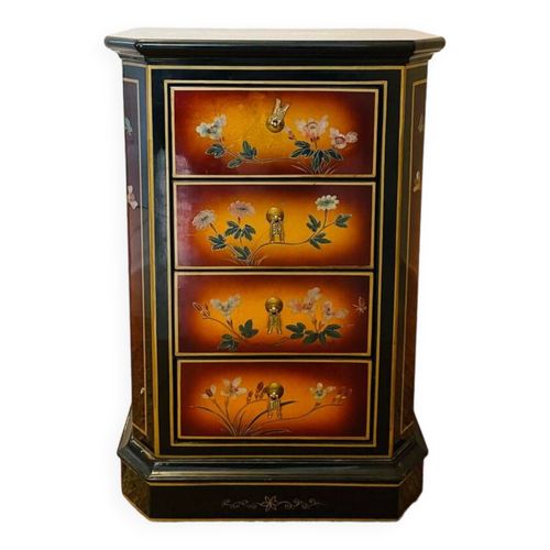 Commode Laque Chinoise 4 Tiroirs Dcor Floral Signe Marron