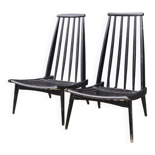 Paire Chaises Basses Chauffeuses Fauteuils Bois Design Scandinave Noir
