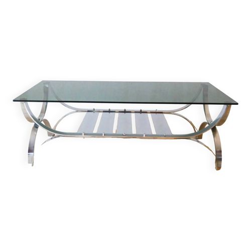 Table Basse Rectangulaire En Verre Fum Et Chrome Double Plateaux Design 1970 Argent