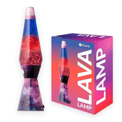 Lampe à lave "Galaxy". Base multicolore, liquide transparent et paillettes de lave. Dimensions: 11,5 x 11,5 x 40 cm - FISURA