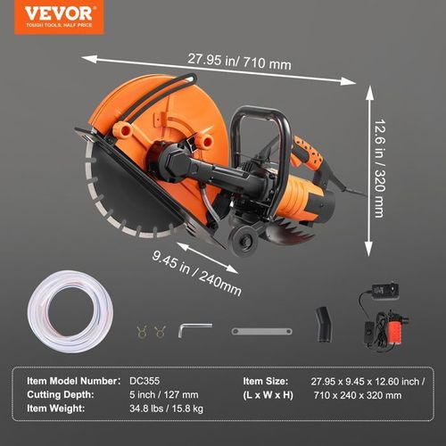 Scie à Béton Électrique-VEVOR-356 mm-2800 W- Profondeur de Coupe 127 mm Scie à Disque Humide/Sec-pour la Pierre et la Brique