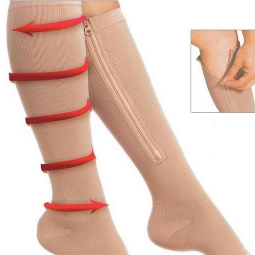 Chaussettes De Compression Avec Fermeture Éclair Et Bout Ouvert En Nylon/Spandex Beige Taille S/M 1 Paire