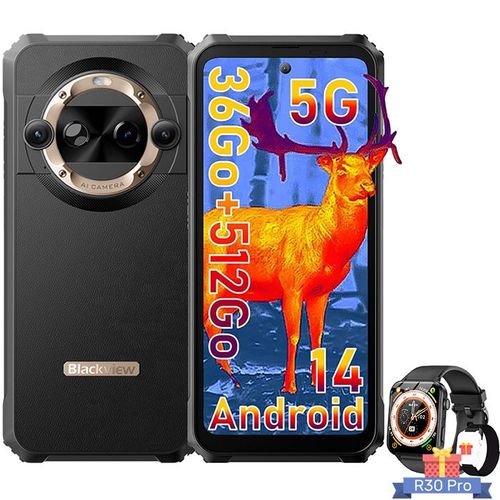 Blackview BL9000 Pro Smartphone Incassable 5G 512Go 6.78" Double Écran Android 14 Or avec R30 Pro