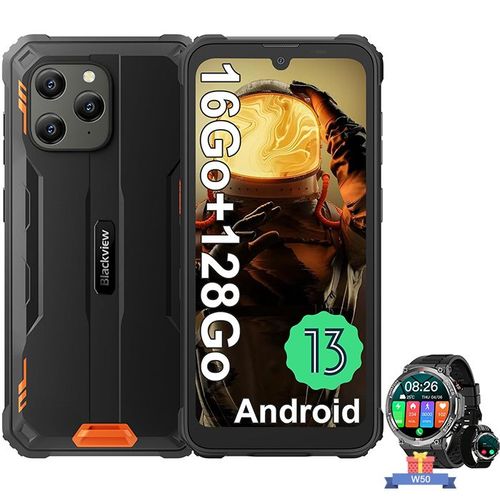 Blackview BV5300 Plus Téléphone Portable Incassable Android 13 6,1" 128 Go 6580mAh Orange avec Blackview W50(Noir)
