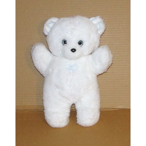 Peluche Ours Blanc Tartine Et Chocolat - Doudou Ourson Oreilles Décorés Bleu 30 Cm