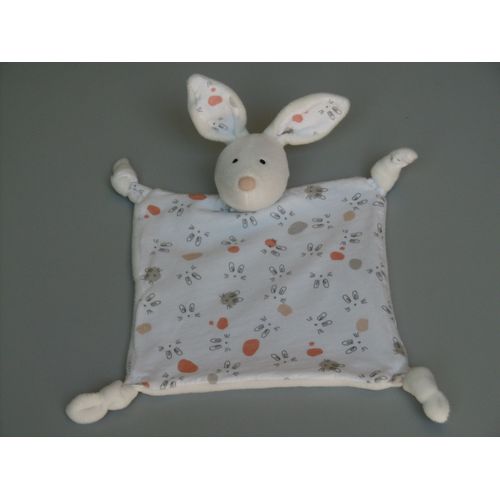 Doudou Lapin Plat Blanc Orange Gris Grain De Blé