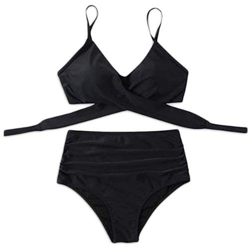 Maillot De Bain 2 Pièces Sexy Pour Femmes, Soutien-Gorge Rembourré À Lacets Croisés, Froncé, Taille Haute, String, Couleur Unie, Vêtements De Plage