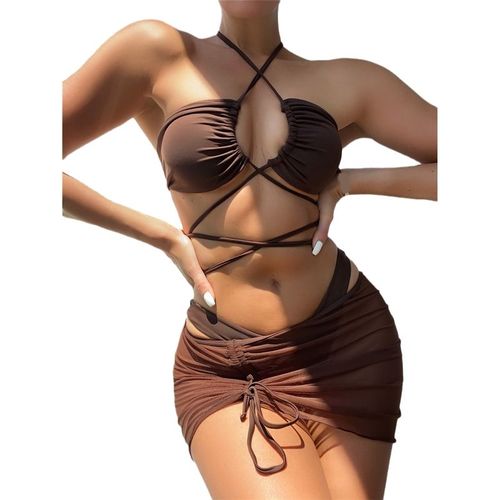 Maillot De Bain 3 Pièces En Maille, Jupe, Col Licou, Micro, Bikini, Couleur Unie, Push-Up, Taille Haute, Ensemble Deux Pièces, Vêtements De Plage, 2022