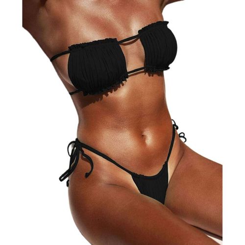 Maillot De Bain Sans Bretelles Froncé Pour Femmes, Ensemble 2 Pièces Sexy, Bandeau Ajouré, Style Brésilien, Cravate Latérale, Taille Basse, String, Couleur Unie