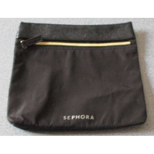 Pochette/trousse de maquillage en tissu noir Sephora - zip doré au-dessous d'une bande simili - 15%PU/85%poly - forme plate - 18x16cm