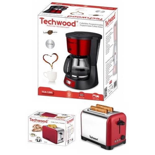 Pack Dejeuner Cafetière Machine À Café Programmable Inox Rouge 1.5l 1000w + Grille-Pain Inox Rouge 2 Fentes 700w