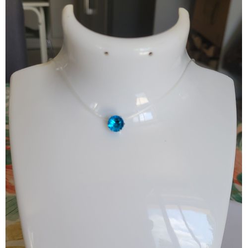 Ras De Cou Fil Transparent Strass Bleu !