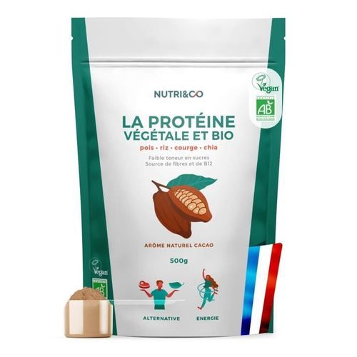 Protéine Végétale Bio | Pois, Riz, Chia & Courge | Alternative À La Whey | Riche En Bcaa | Goût Naturel Cacao 500g Vegan | Nutri&co