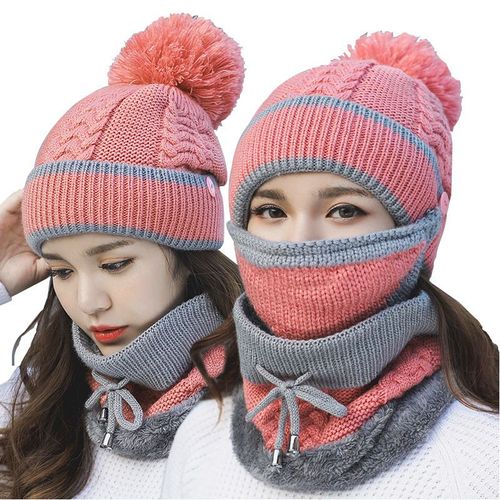 Chapeau D'hiver En Laine Pour Femmes, Ensemble De 3 Pièces, Bonnet Tricoté Épais En Velours, Protection Des Oreilles, Couleurs Mélangées, Chaud